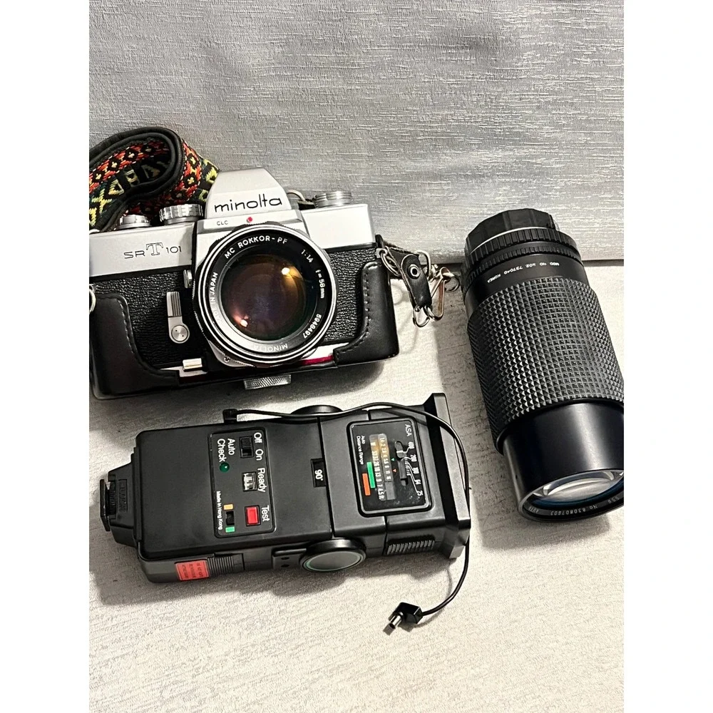 Minolta SRT 101 35mm Film Camera MC Rokkor-PF 58mm f1.4 Lens Flash Bundle